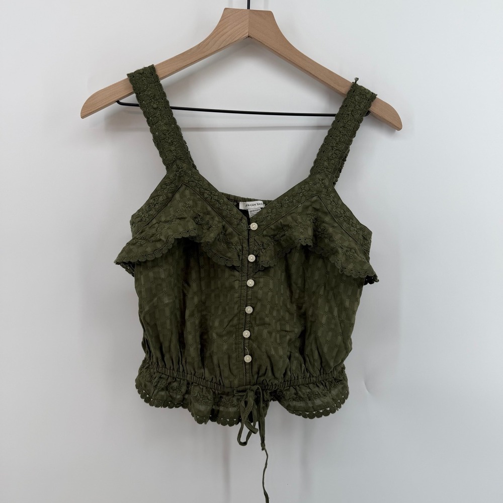 American Eagle Crop Top Women XS Olive Green Eyelet Ruffle Button Front NWT